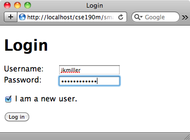screenshot of login.html filled out, with new user checkbox